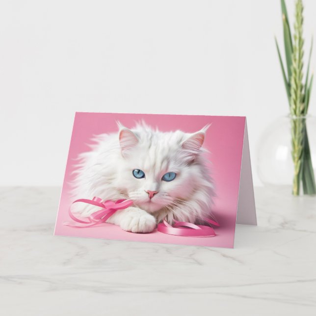 Birthday White Cat With Ribbons Card (Front)