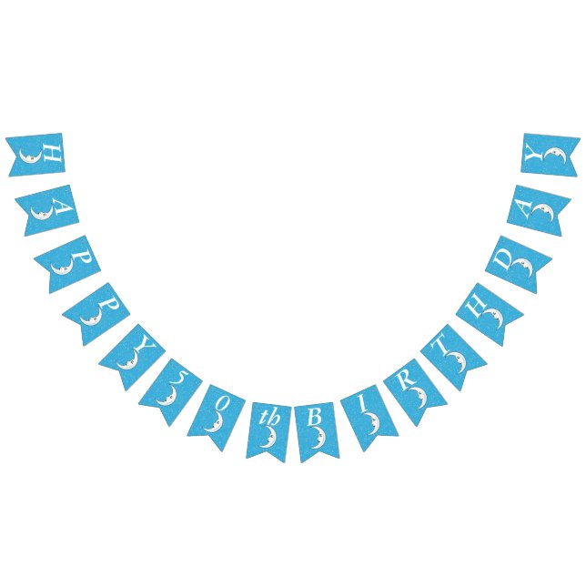 Birthday White Crescent Moon With Face Stars Aqua Bunting (All)