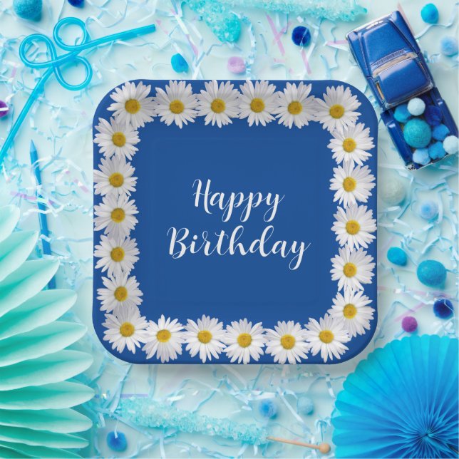 Birthday White Daisy Border On Blue Paper Plate (Party)