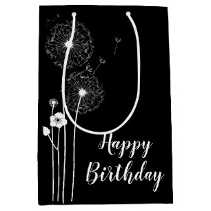 Birthday White Dandelions on Black  Medium Gift Bag