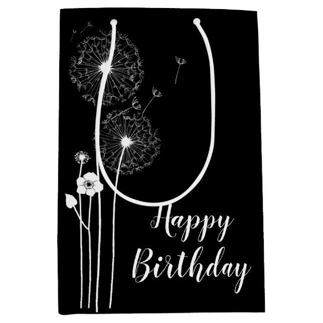 Birthday White Dandelions on Black  Medium Gift Bag (Front)