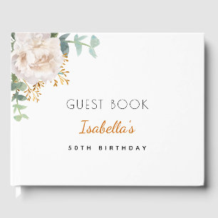 Birthday white floral eucalyptus greenery monogram guest book