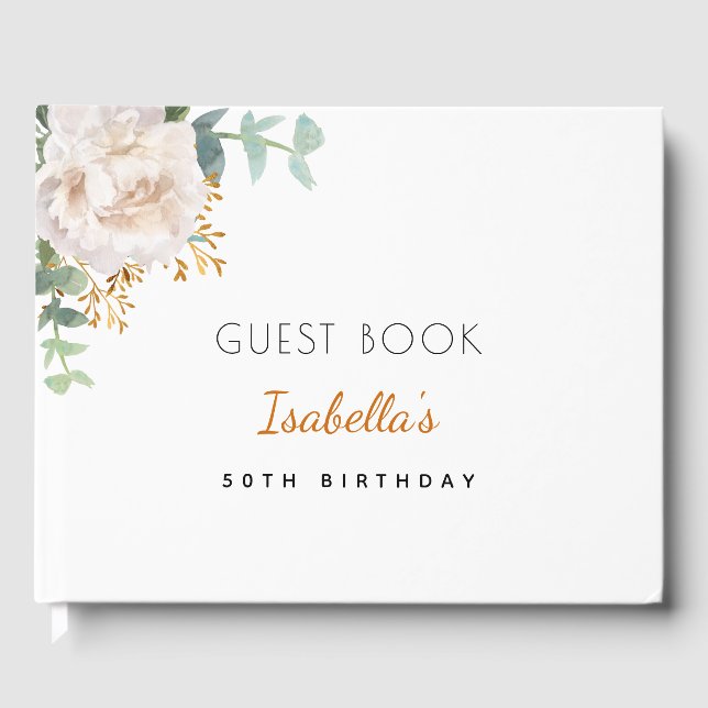 Birthday white floral eucalyptus greenery monogram guest book (Front)