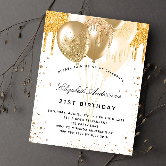 Birthday white gold balloons budget invitation flyer (Creator Uploaded)