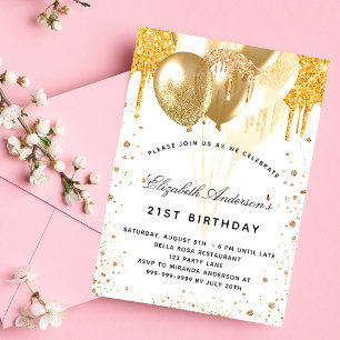 Birthday white gold balloons glitter drips invitation