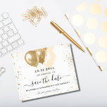 Birthday white gold balloons save the date card<br><div class="desc">A chic white background decorated with faux gold glitter and balloons.  Personalise and add a date and name/age. The text: Save the Date is written with a large trendy hand lettered style script.</div>