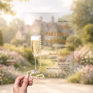 Birthday white gold bubbly wine pearls clear acrylic invitations