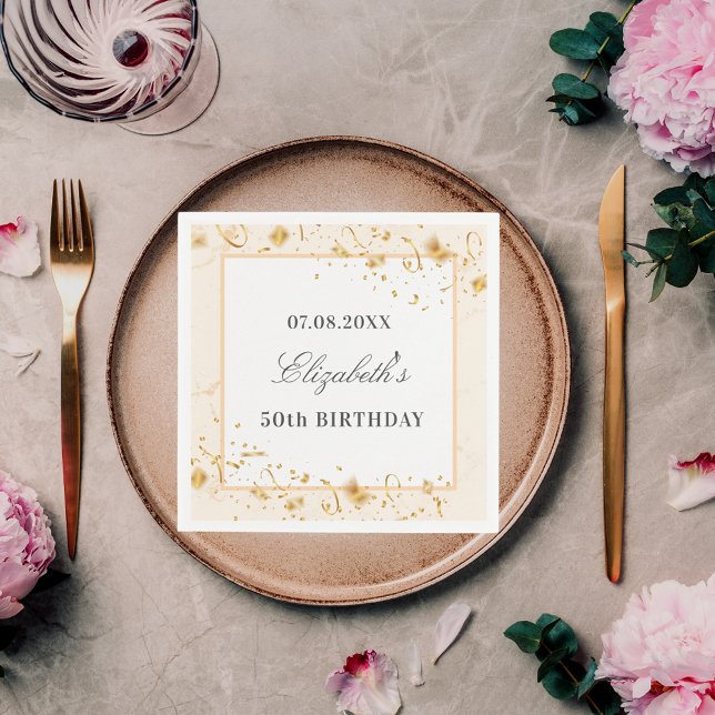 Birthday white gold confetti name script elegant napkin (Creator Uploaded)