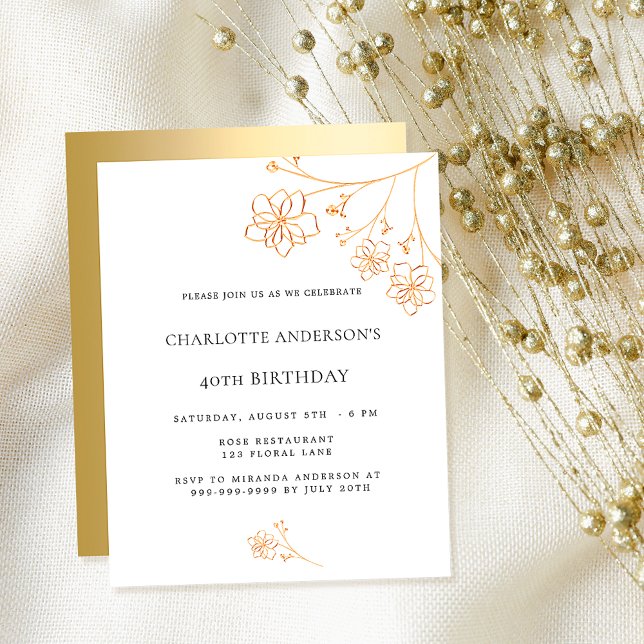 Birthday white gold floral budget invitation flyer (Creator Uploaded)