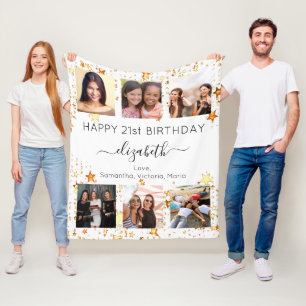Birthday white gold friends photo collage fleece blanket