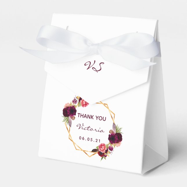 Birthday white gold geometric burgundy florals favour box (Front Side)