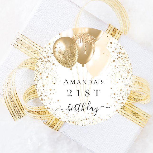Birthday white gold glitter balloons name classic round sticker (Creator Uploaded)