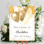 Birthday white gold glitter balloons welcome poster<br><div class="desc">A welcome poster for a girly and glamourous 21st (or any age) birthday party.  A white background decorated faux gold glitter drips,  paint dripping look,   balloons.  Personalise and add a name and age. 
Back: no design</div>