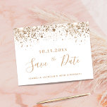 Birthday white gold glitter dust save the date announcement postcard<br><div class="desc">A girly and trendy Save the Date card for a 40th (or any age) birthday party. A stylish white background decorated with faux gold glitter dust. Personalise and add a date and name and text. Golden coloured letters. The text: Save the Date is written with a large trendy hand lettered...</div>
