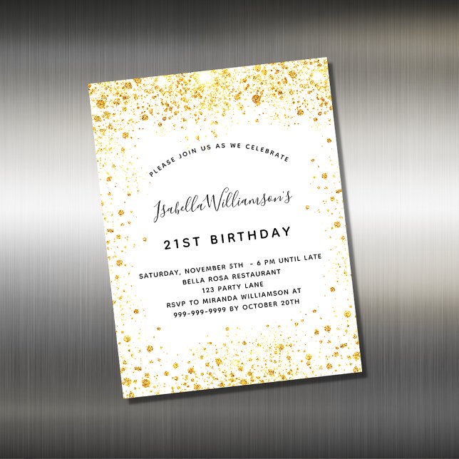 Birthday white gold glitter invitation magnet (Creator Uploaded)
