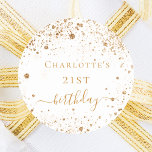 Birthday white gold glitter monogram script favour classic round sticker<br><div class="desc">A sticker for a girly and glamourous 21st (or any age) birthday party.  A stylish white background with dark faux gold glitter dust. Personalise and add a name and age 21.</div>
