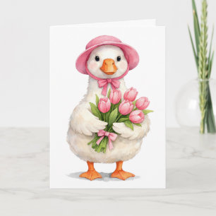 Birthday White Goose with Pink Tulip Bouquet Card