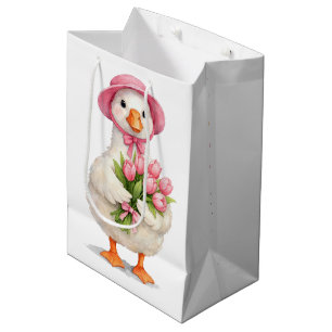 Birthday White Goose with Pink Tulips Medium Gift Bag