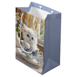 Birthday White Kitten In a Teacup Medium Gift Bag