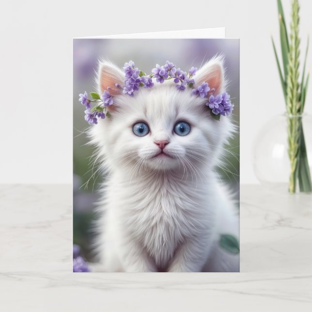 Birthday White Kitten With Lilac Laurel Card (Front)