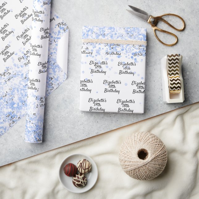 Birthday white light blue confetti sparkle name wrapping paper (Crafts)