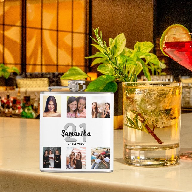 Birthday  white monogram photo collage friends hip flask (Creator Uploaded)