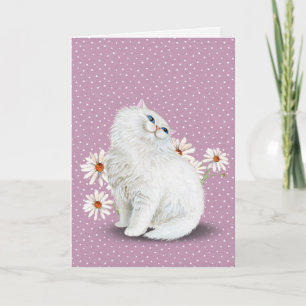 birthday white Persian cat with daisies Card