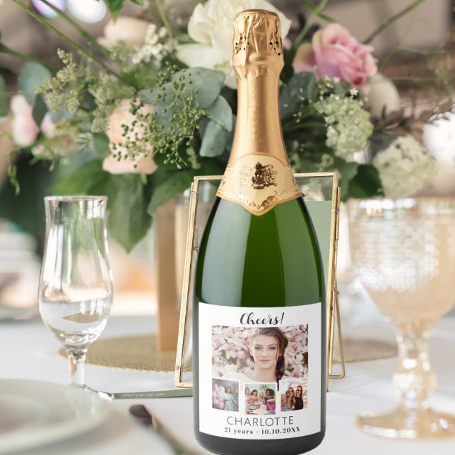 Birthday white photo collage cheers sparkling wine label (Creator Uploaded)