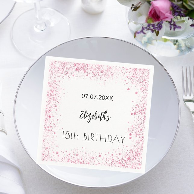 Birthday white pink glitter girl name napkin (Creator Uploaded)