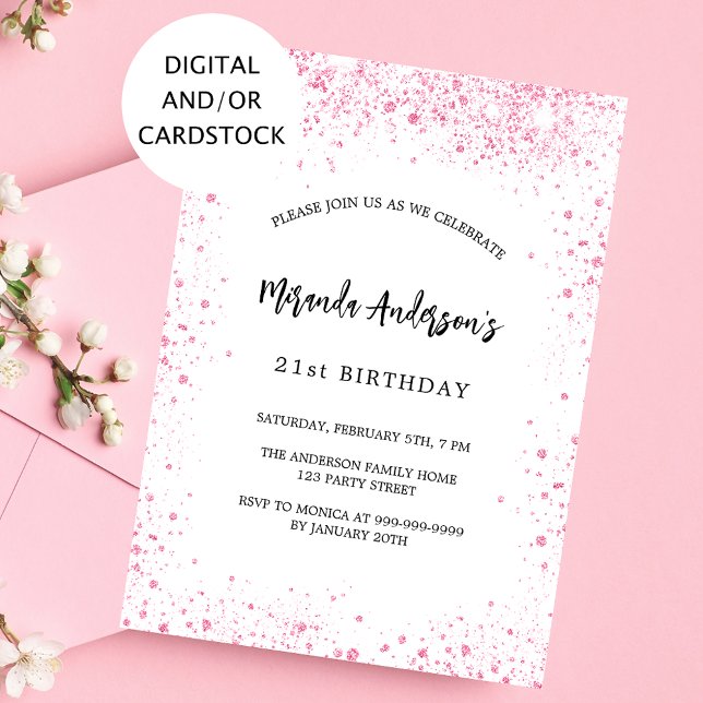 Birthday white pink glitter sparkles elegant invitation (Creator Uploaded)