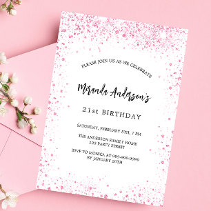 Birthday white pink glitter sparkles elegant invitation postcard
