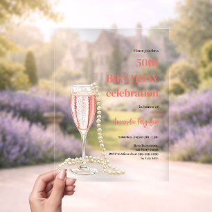 Birthday white pink sparkling wine pearls clear acrylic invitations