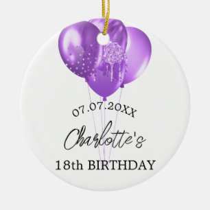 Birthday white purple balloons name ceramic tree decoration