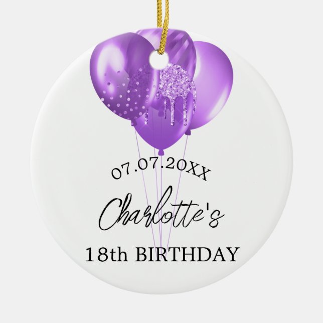 Birthday white purple balloons name ceramic tree decoration (Front)