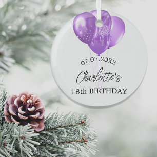 Birthday white purple balloons name glass tree decoration