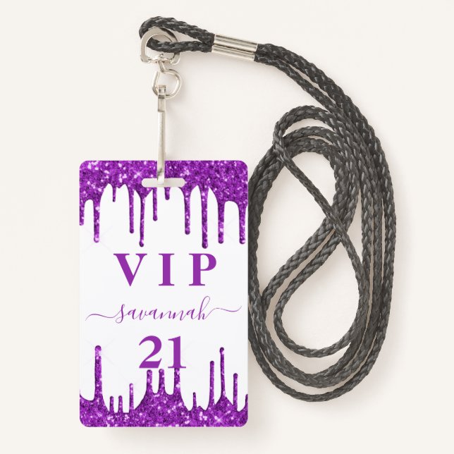Birthday white purple glitter drips vip invitation ID badge (Front with Lanyard)