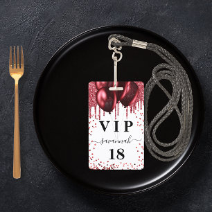 Birthday white red balloons glitter vip ID badge