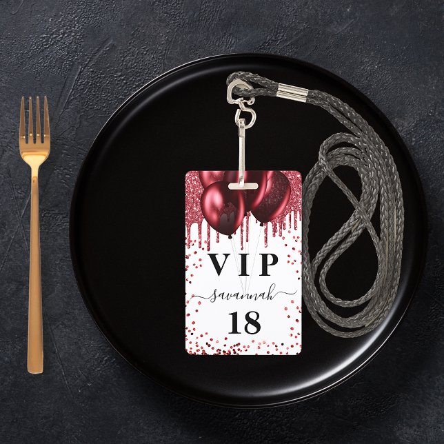 Birthday white red balloons glitter vip ID badge (Creator Uploaded)