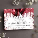 Birthday white red glitter drips balloons save the date<br><div class="desc">A chic white background decorated with red faux glitter drips and balloons.  Personalise and add a date and name/age. The text: Save the Date is written with a large trendy hand lettered style script.</div>
