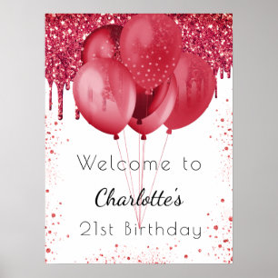 Birthday white red glitter welcome balloons poster