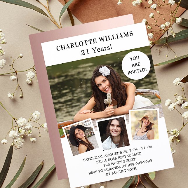 Birthday white rose gold photo collage luxury invitation (Creator Uploaded)