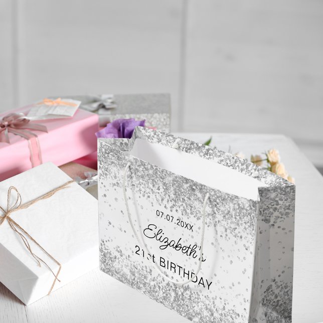 Birthday white silver confetti name large gift bag (Creator Uploaded)