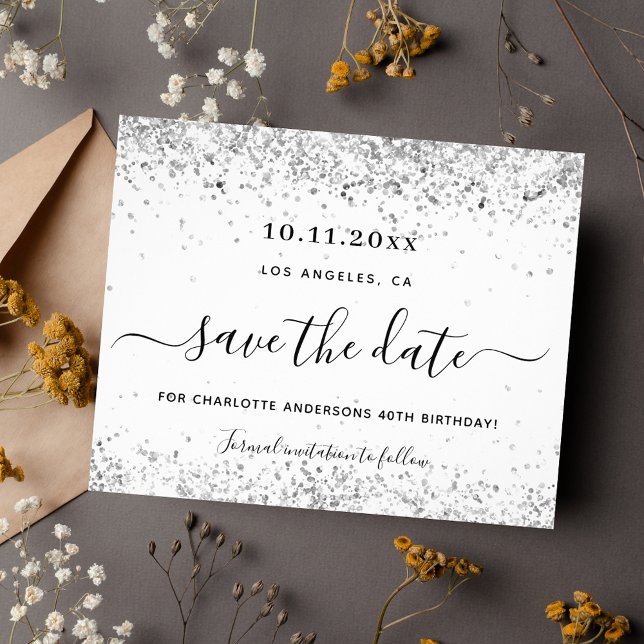 Birthday white silver glitter budget save the date flyer (Creator Uploaded)