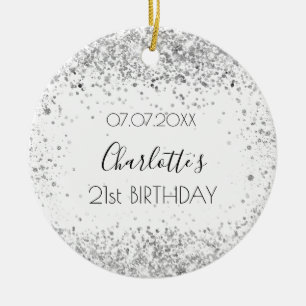 Birthday white silver glitter name  ceramic tree decoration