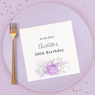 Birthday white violet flowers silver napkin