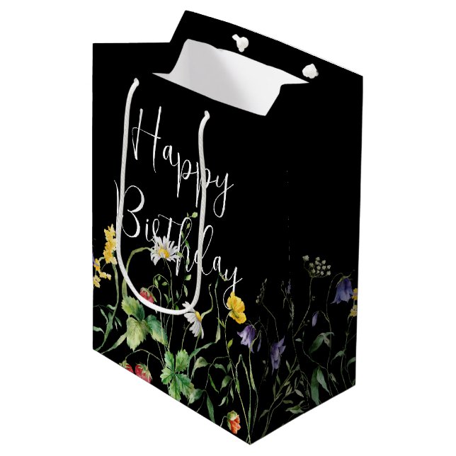 Birthday Wildflowers On Black Medium Gift Bag (Front Angled)