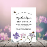 Birthday wildflowers violet pink bees  invitation postcard<br><div class="desc">A white background. Decorated with bees and painted wildflowers in violet and pink.  Personalise and add a name and party details.</div>