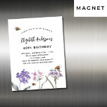 Birthday wildflowers violet pink bees luxury magnetic invitation<br><div class="desc">A white background. Decorated with bees and painted wildflowers in violet and pink.  Personalise and add a name and party details.</div>