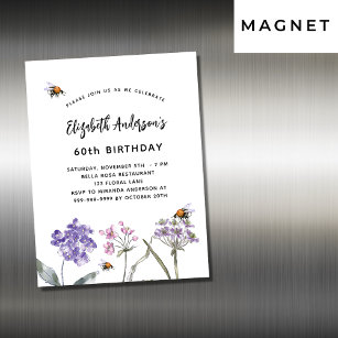 Birthday wildflowers violet pink bees luxury magnetic invitation