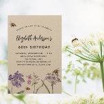 Birthday wildflowers violet pink bees nature invitation<br><div class="desc">Kraft paper background. Decorated with bees and painted wildflowers in violet and pink.  Personalise and add a name and party details.</div>